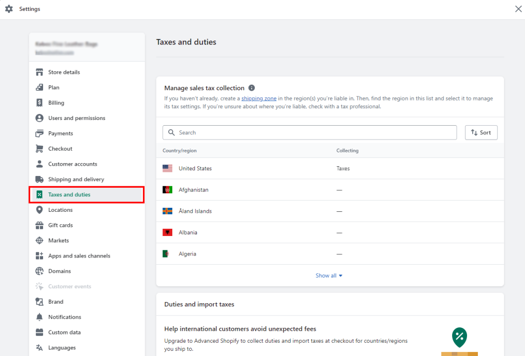 Shopify Taxes Duties